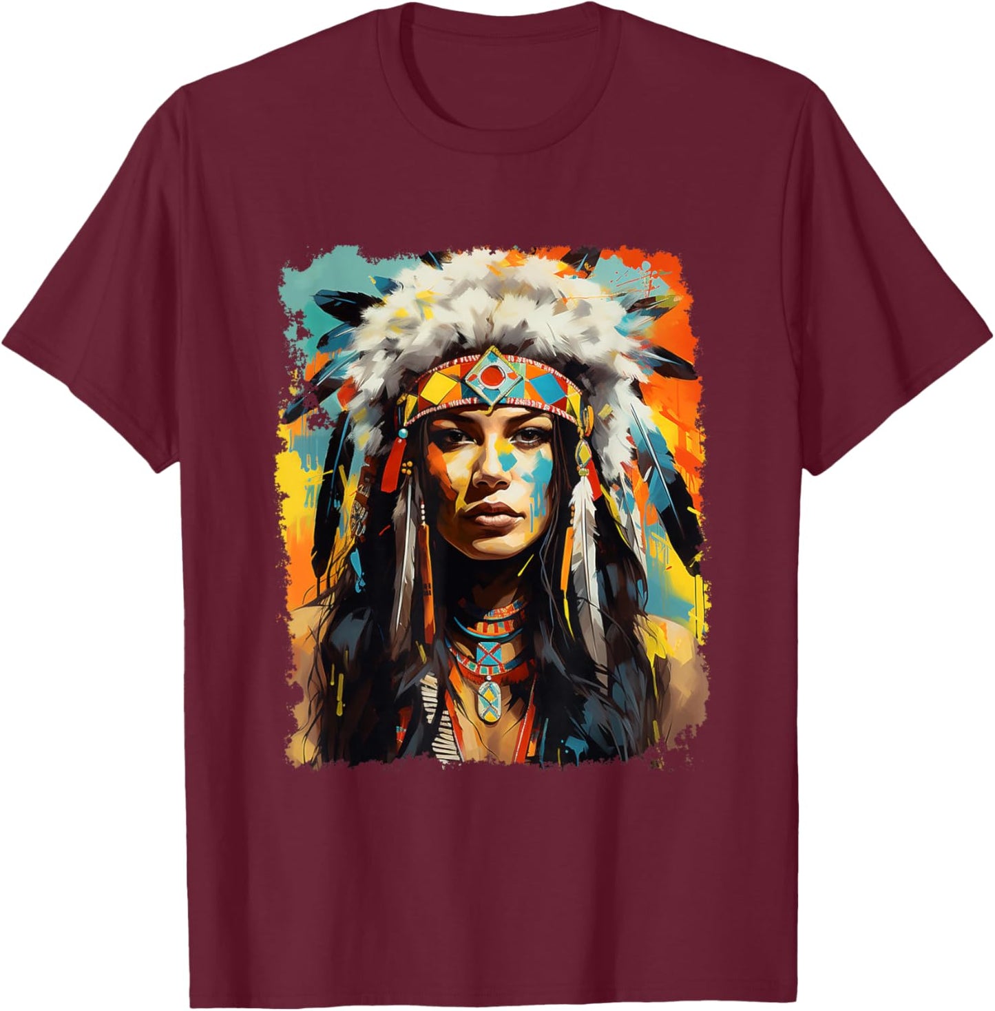 Indigenous Wolfwear Beautiful Native American - Black, -Adults, Short Sleeve, Small, Regular Fit, Modern Tribal Fusion T-Shirt - T-Shirt | Maroon