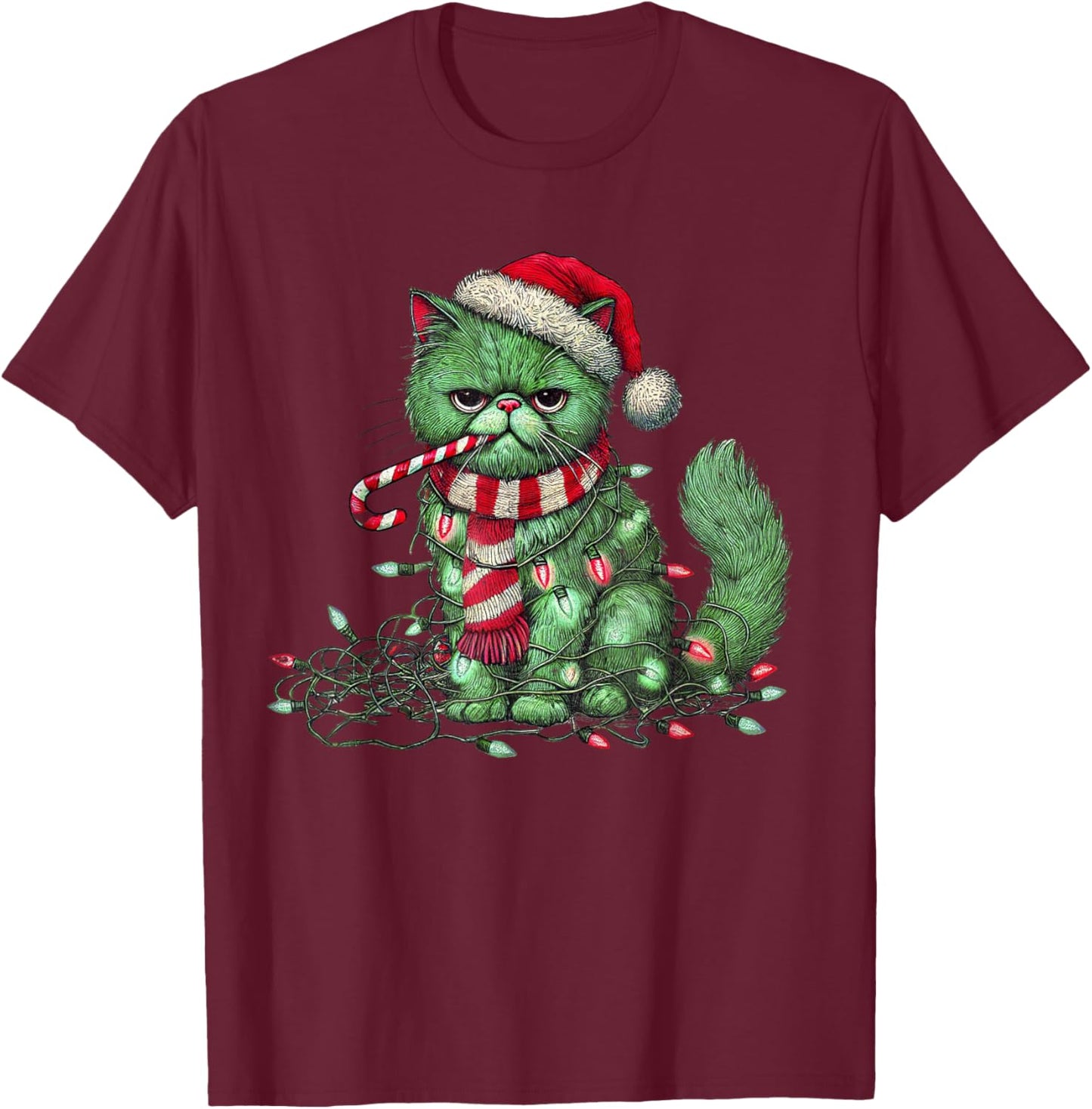 Christmas Cat with Santa Hat & Tree Lights Christmas cat T-Shirt - T-Shirt | Maroon