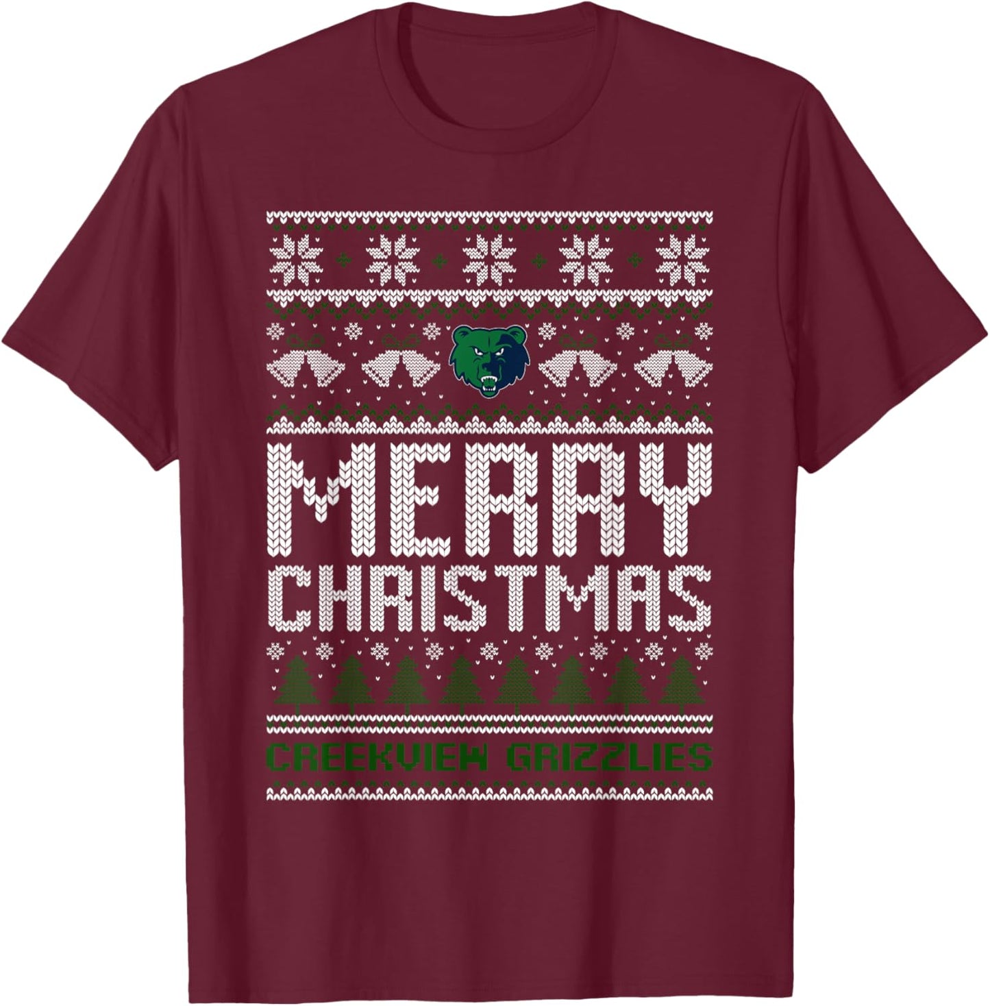 Creekview Grizzlies Logo Merry Christmas Ugly Sweater HS T-Shirt - T-Shirt | Maroon
