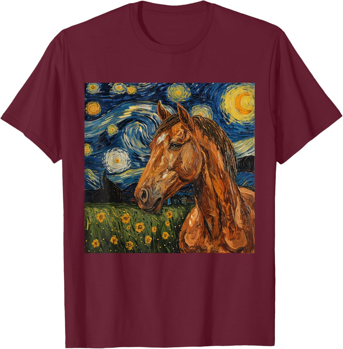 Horse Lover Van Gogh Style Starry Night Graphic T-Shirt - T-Shirt | Maroon