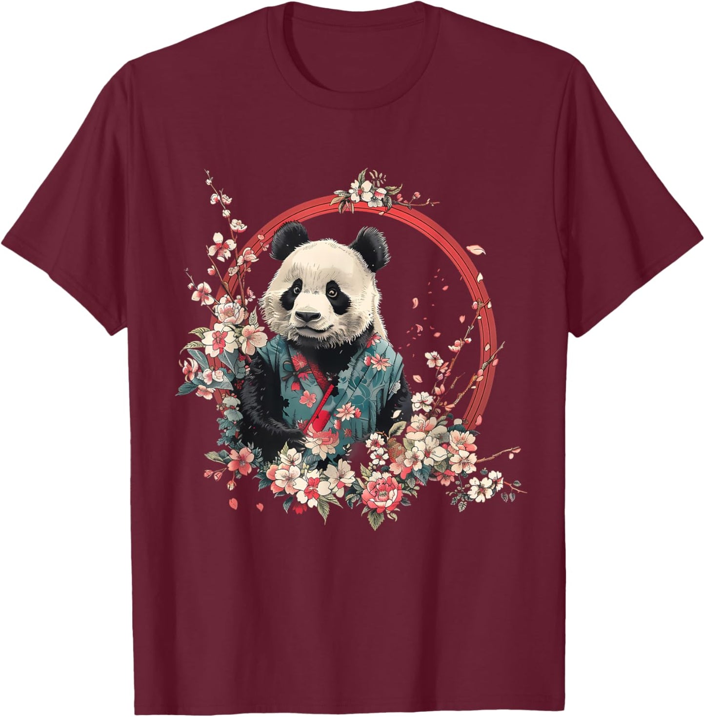 Japanese Samurai Warrior Animals Samurai Panda Bear Floral - Black, Small, -Adults, Women, Short Sleeve, , Novelty , Animals, Vacation, Spring, Summer T-Shirt - T-Shirt | Maroon