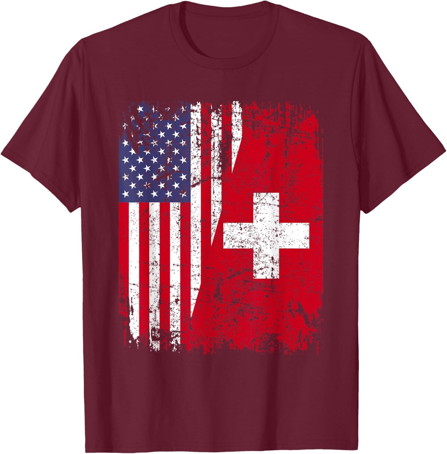 SWISS ROOTS | Half American Flag | SWITZERLAND Women Kids Men T-Shirt - T-Shirt | Maroon
