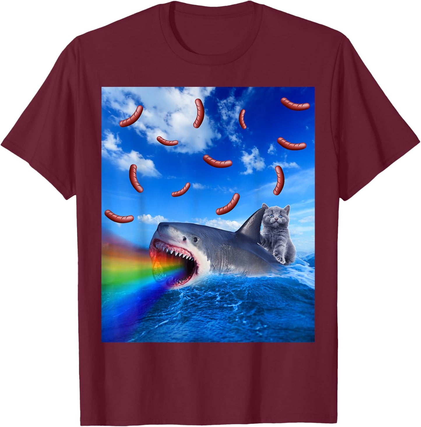 Cat Riding Rainbow Breathing Shark With Hot Dogs T-Shirt - T-Shirt | Maroon