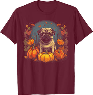 Pug Dog - Pumpkin Thanksgiving Fall Halloween T-Shirt - T-Shirt | Maroon