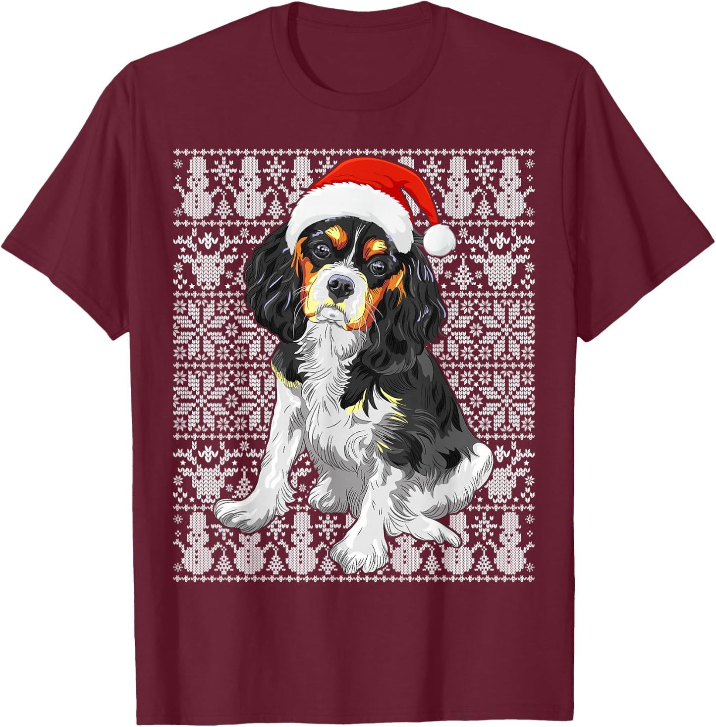 Cavalier King Charles Spaniel Dog Santa Hat Ugly Christmas T-Shirt - T-Shirt | Maroon