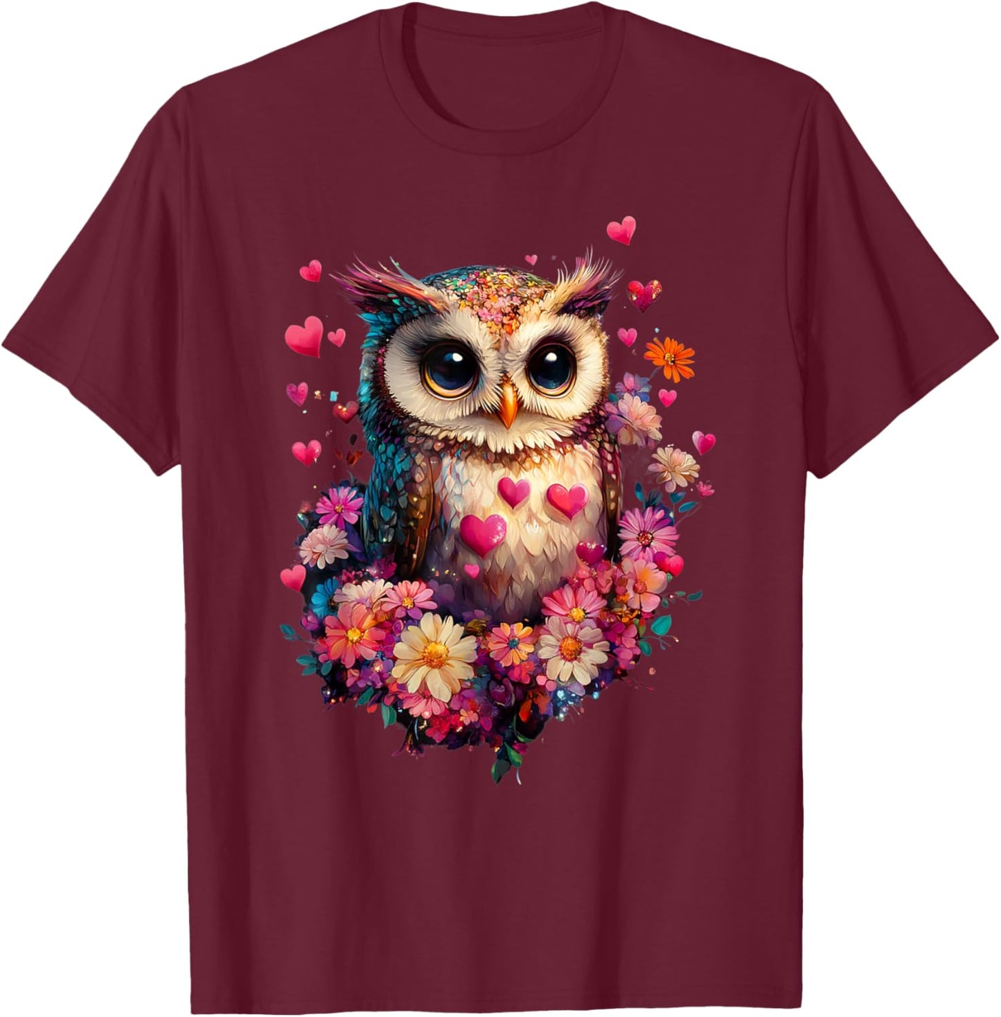 Owl Hearts and Flowers Graphic Valentines Day T-Shirt - T-Shirt | Maroon