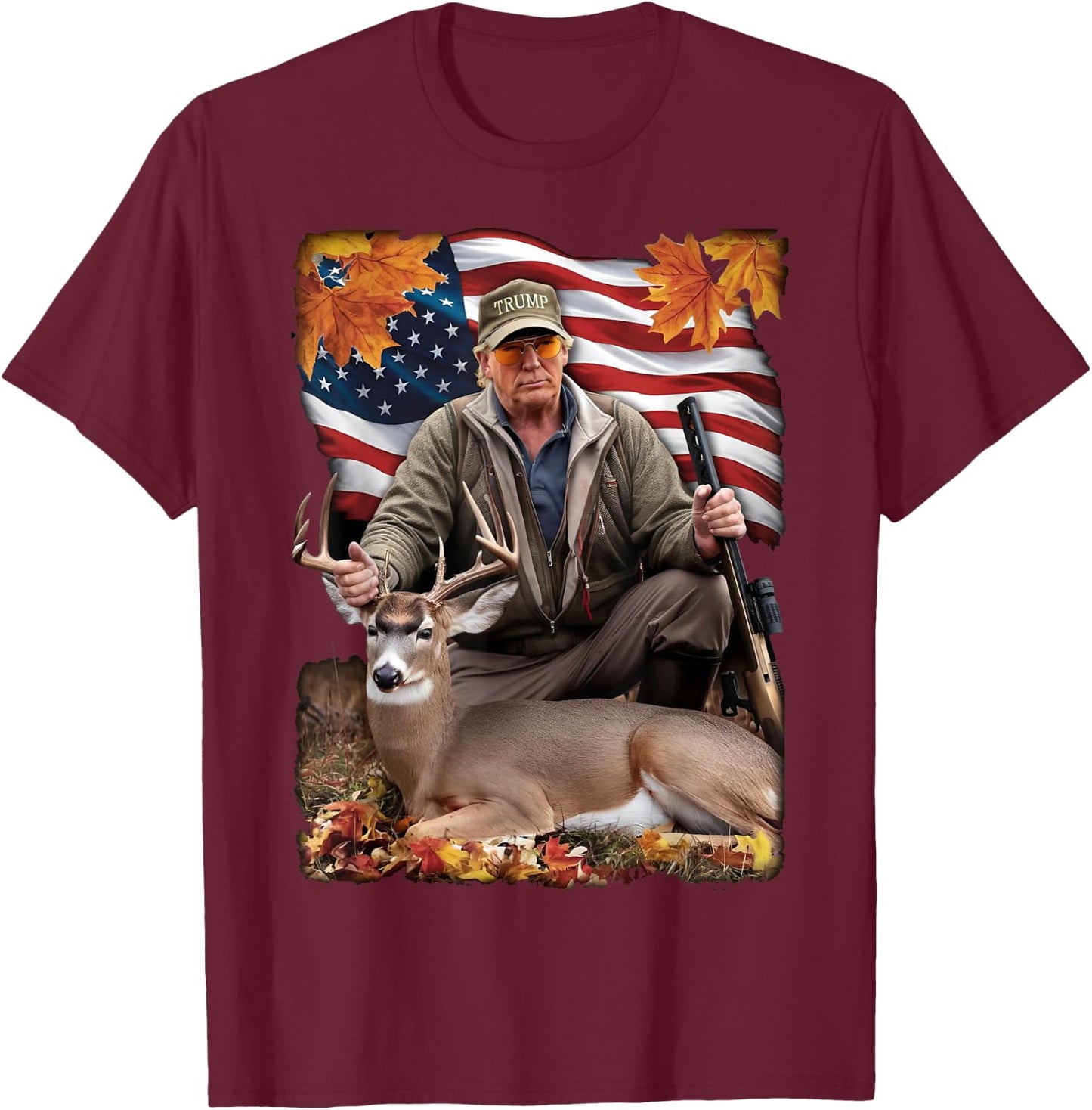 Vintage USA Flag Trump Hunting Deer Hunting Deer Season T-Shirt - T-Shirt | Maroon
