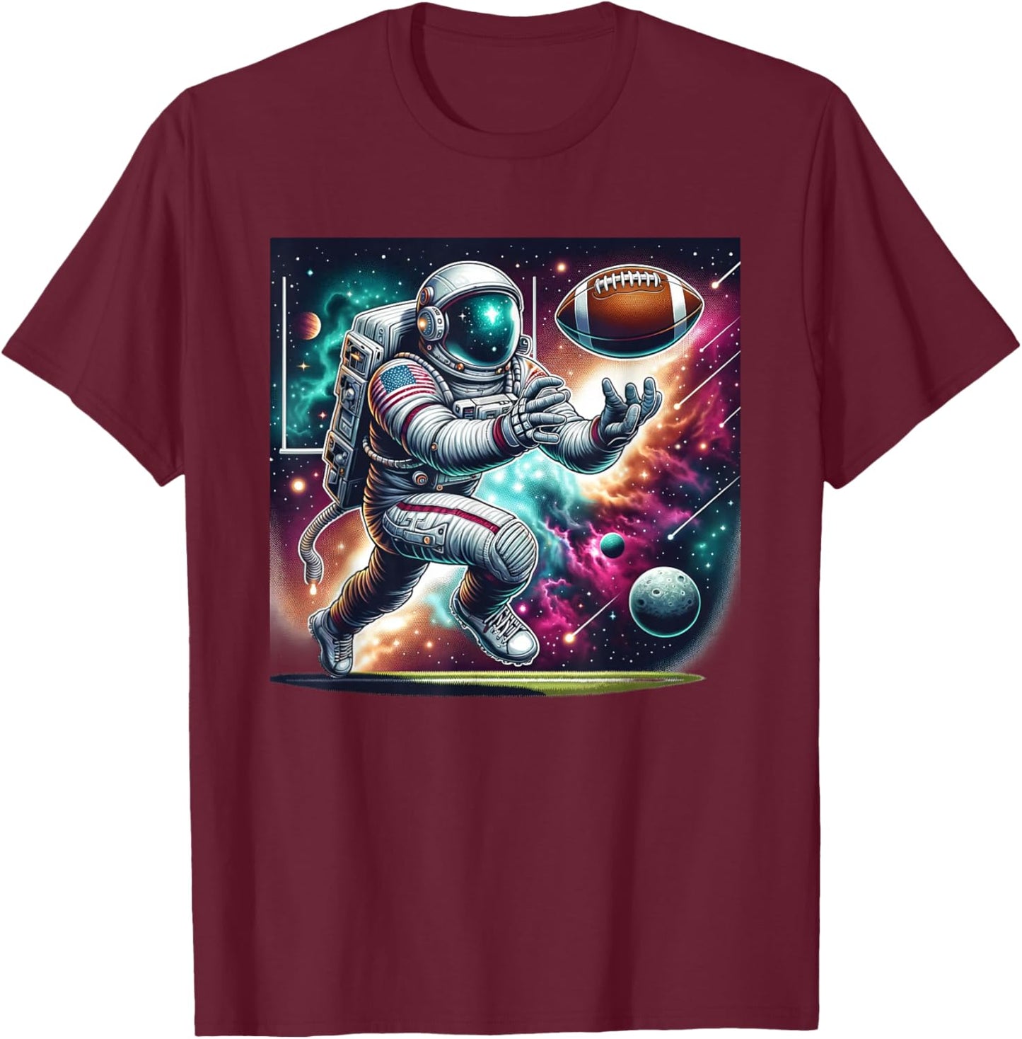 Astronaut Playing Football in Space T-Shirt - T-Shirt | Maroon