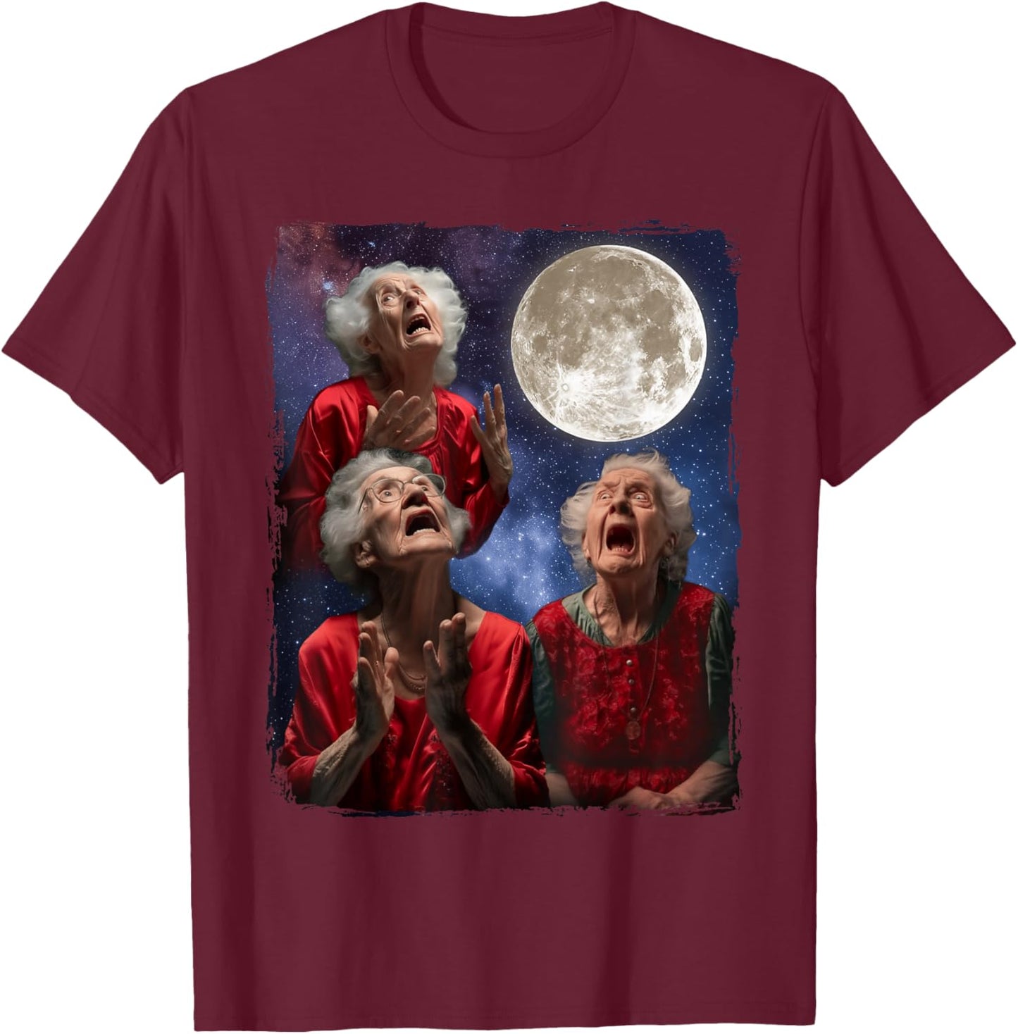 Grandma Howling At Moon Three Granny Moon T-Shirt - T-Shirt | Maroon
