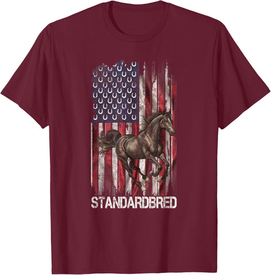 Vintage USA Flag Standardbred Horse Lover, Horseback Riding Kids Men T-Shirt - T-Shirt | Maroon
