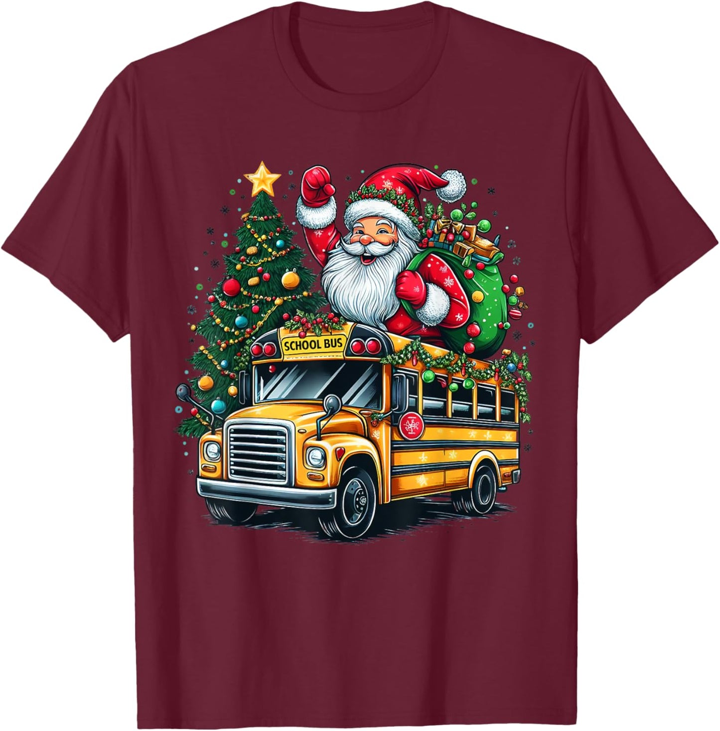 Santa Claus Riding School Bus Driver Christmas Tree Graphic T-Shirt - T-Shirt | Maroon