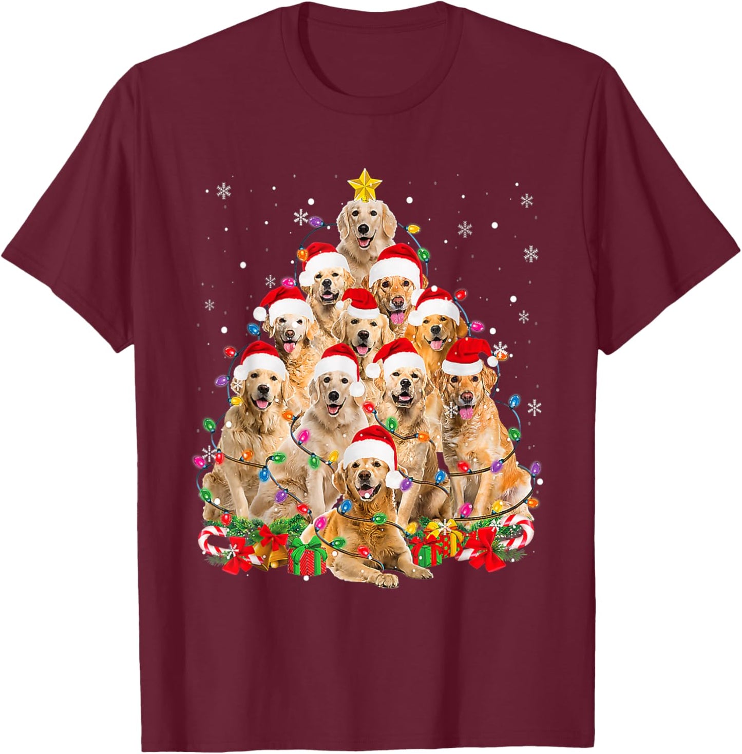 Funny Golden Retriever Christmas Lights Tree Dog Lover Xmas Men Women T-Shirt - T-Shirt | Maroon