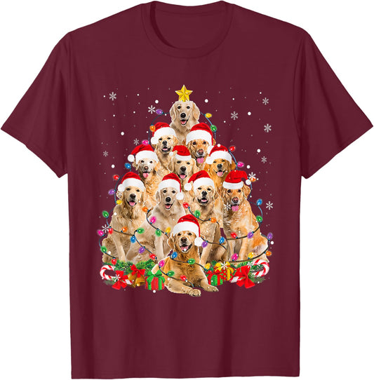 Funny Golden Retriever Christmas Lights Tree Dog Lover Xmas Men Women T-Shirt - T-Shirt | Maroon