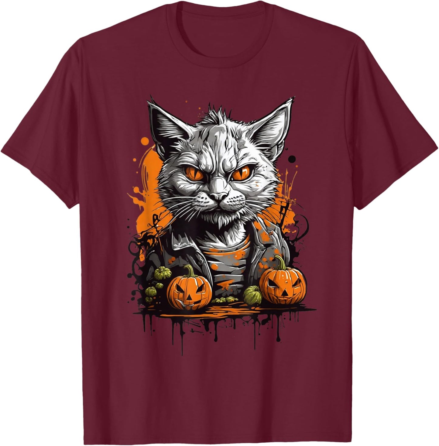 Zombie Cat And Pumpkin T-Shirt - T-Shirt | Maroon