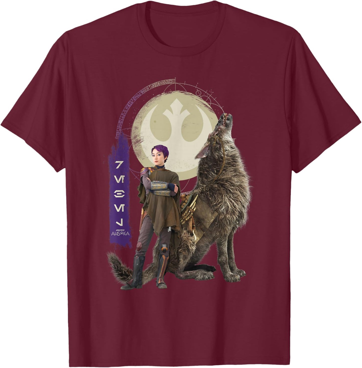 Star Wars Ahsoka Part 6 Sabine and Howler Aurebesh Rebel T-Shirt - T-Shirt | Maroon
