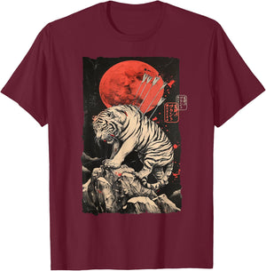 Japanese Tiger Warrior Art – Sumi-e Style Ink Illustration T-Shirt - T-Shirt | Maroon
