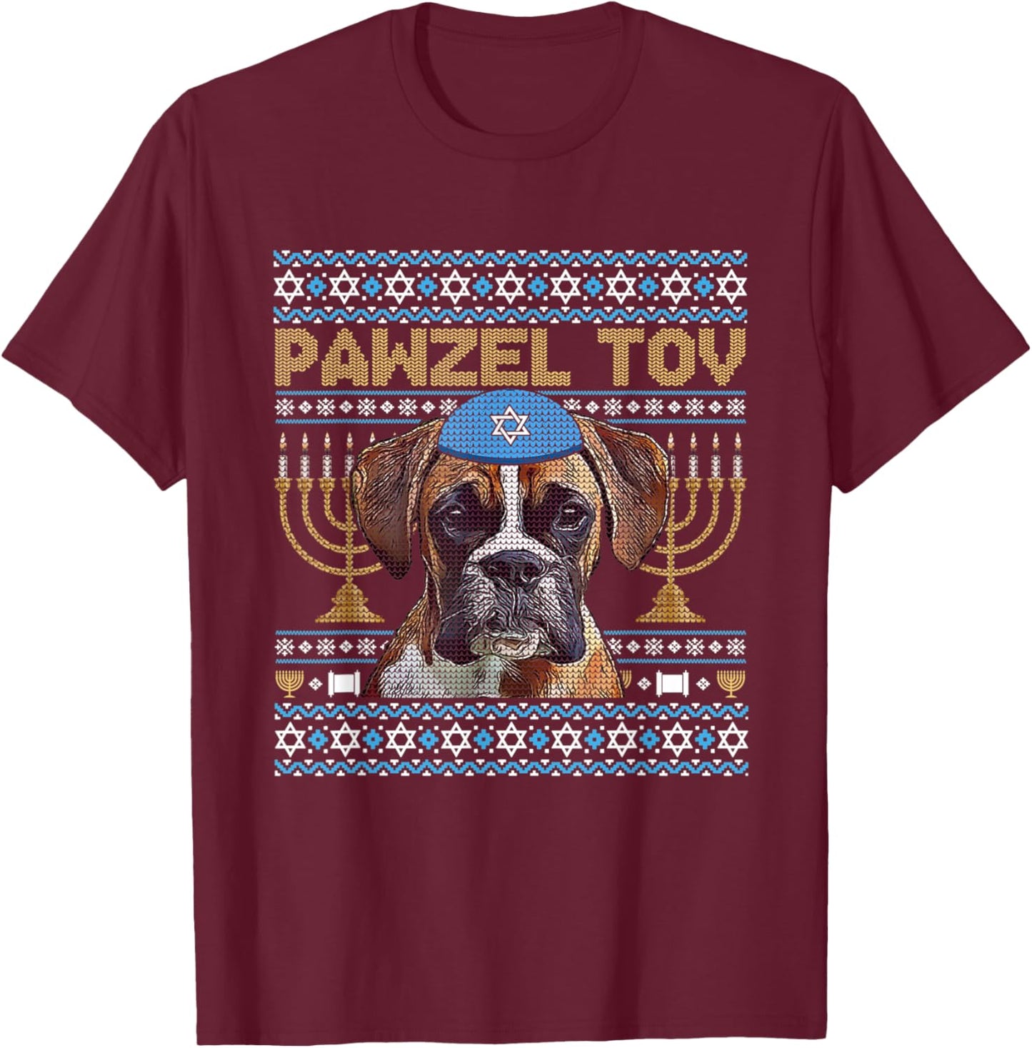 Pawzel Tov Jewish Boxer Dog Funny Hanukkah T-Shirt - T-Shirt | Maroon