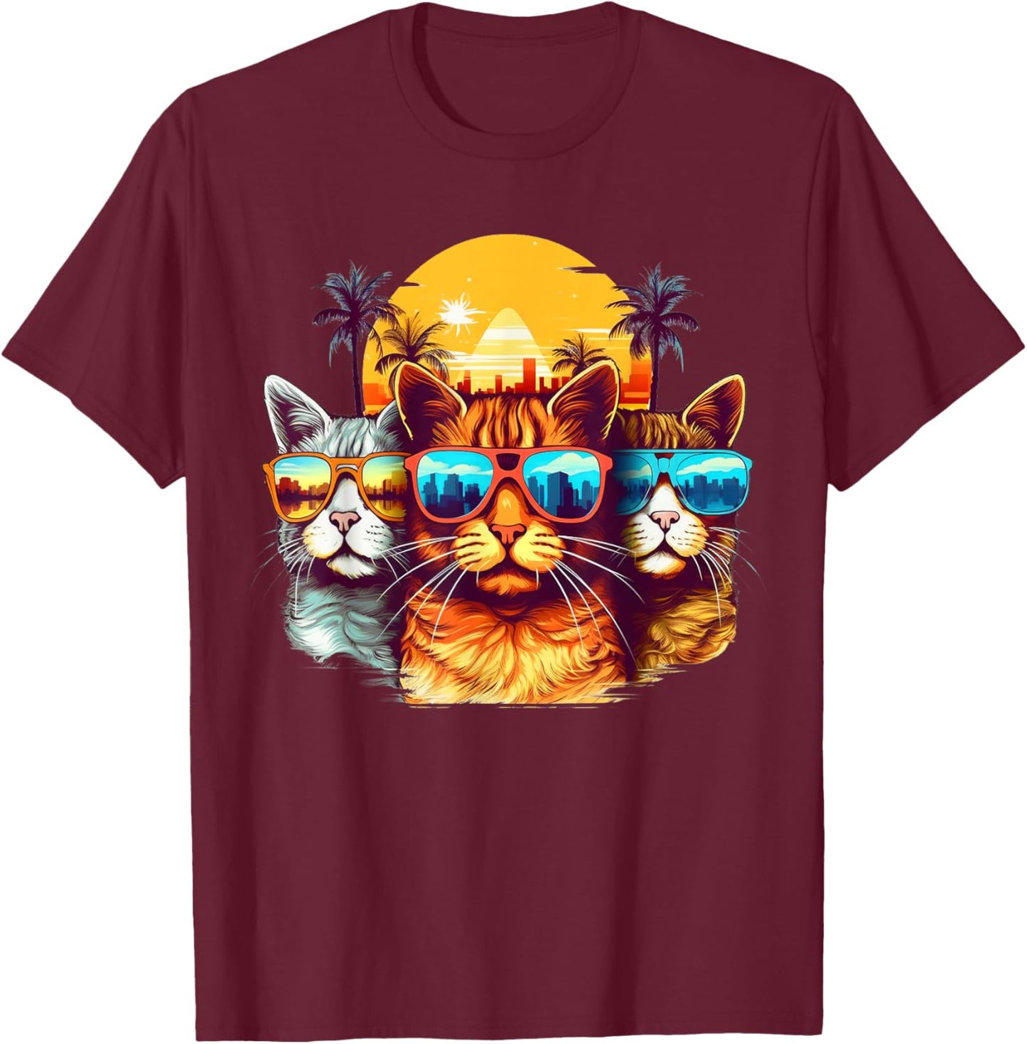 Retro Eighties Style Cat With Sunglasses T-Shirt - T-Shirt | Maroon