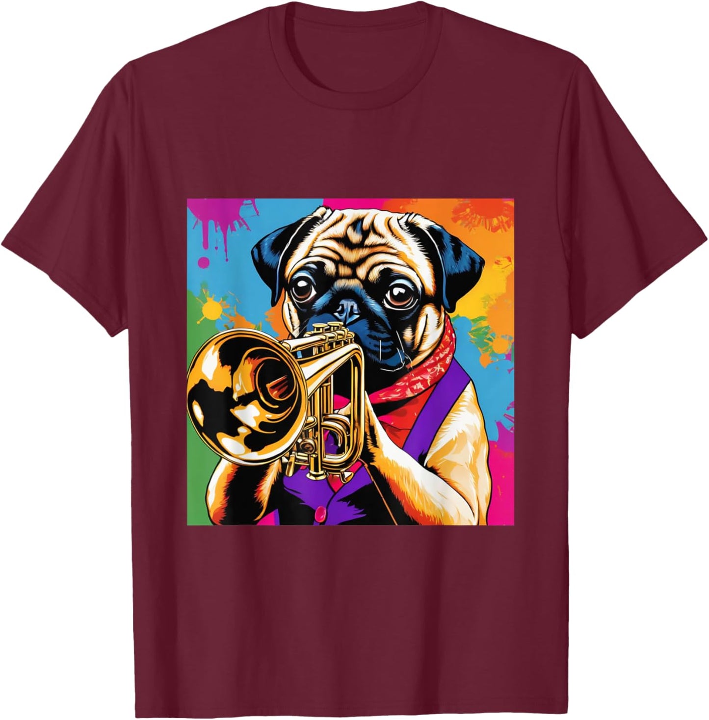 Fun Pug Playing Trumpet | Vintage Pop Art Jazz Player Dog Men Women Girls Kids T-Shirt - T-Shirt | Maroon
