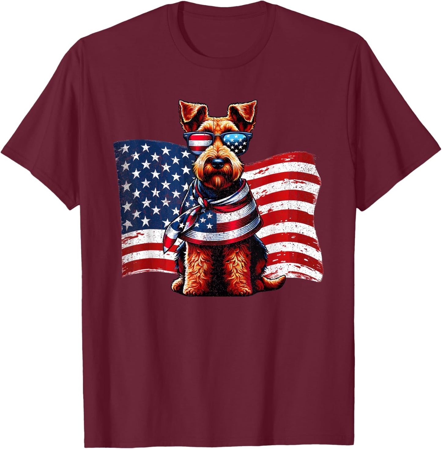 Welsh Terrier Dog Dogs American Flag Patriotic Pets Vintage Men Women Girls Kids T-Shirt - T-Shirt | Maroon
