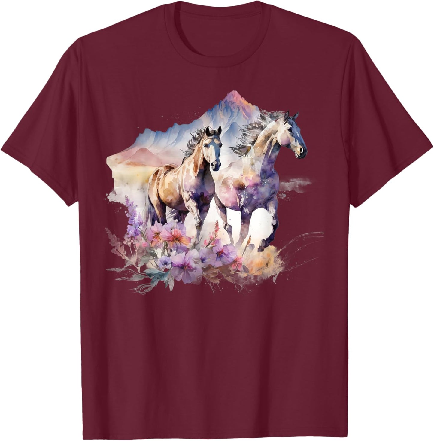 Horses Flowers Wild Mane Boho Western Southern Cowgirl T-Shirt - T-Shirt | Maroon