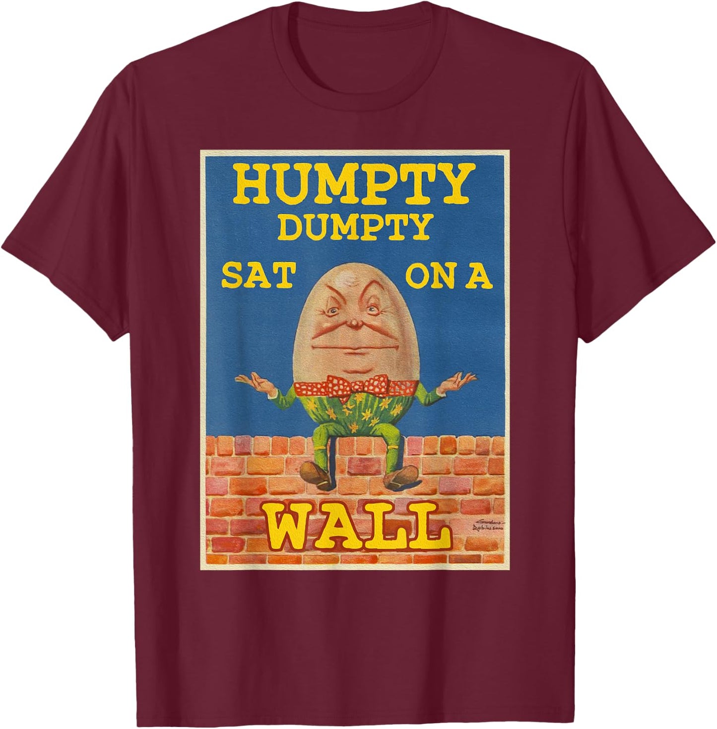Retro Fairytale Art-Humpty Dumpty Sat on a Wall T-Shirt - T-Shirt | Maroon