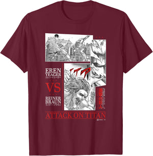 Attack on Titan Eren Yeager vs Reiner Braun Manga Fight Logo T-Shirt - T-Shirt | Maroon