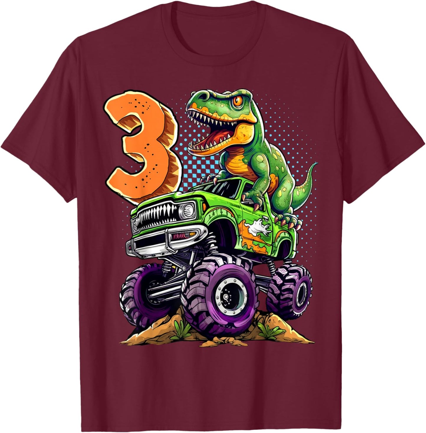 Monster Truck Dinosaur T-Rex 3rd Birthday Boy 3 Year Old T-Shirt - T-Shirt | Maroon
