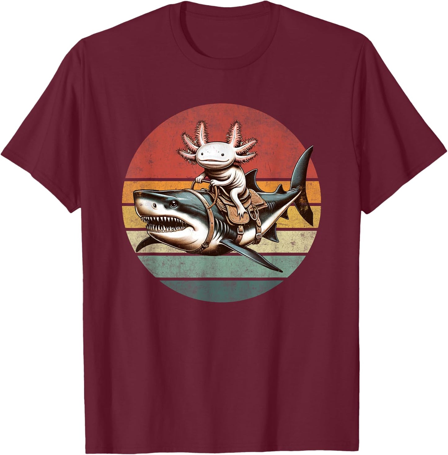 Vintage Axolotl Shark Rider Funny Retro Axolotl Riding Shark T-Shirt - T-Shirt | Maroon