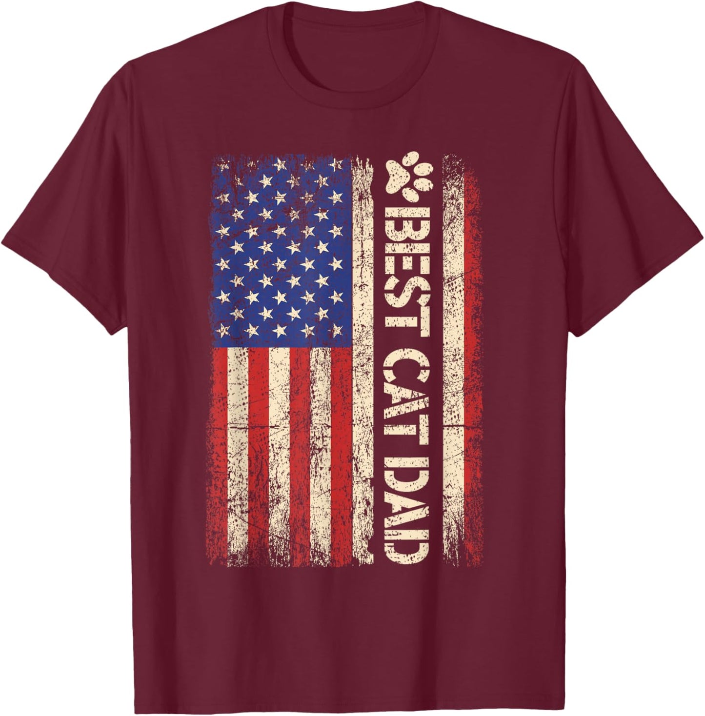 Best Cat Dad Ever American US Flag Father's day Cat Lover T-Shirt - T-Shirt | Maroon