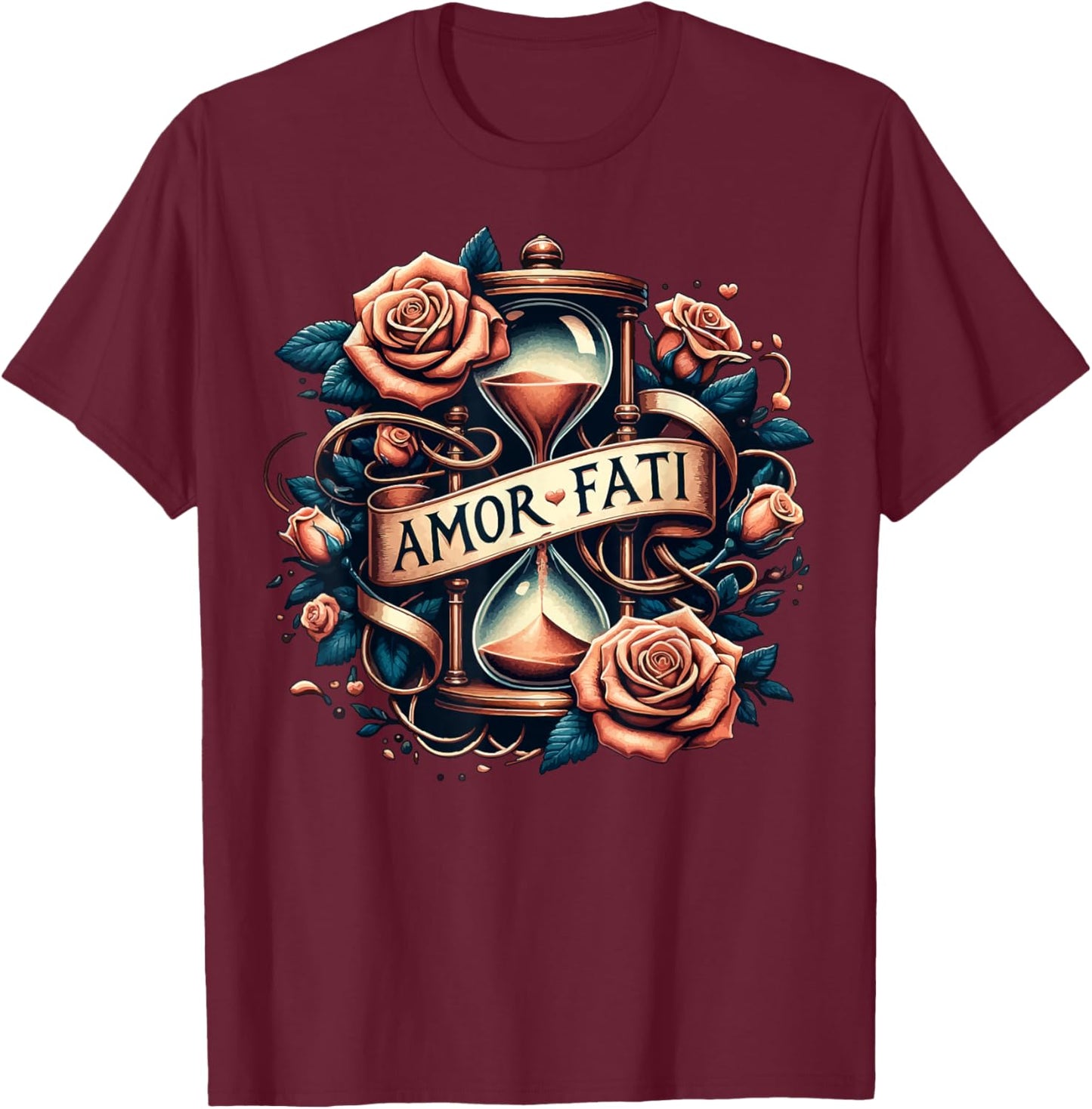 Amor Fati Rose Time Hourglass Philosophy T-Shirt - T-Shirt | Maroon