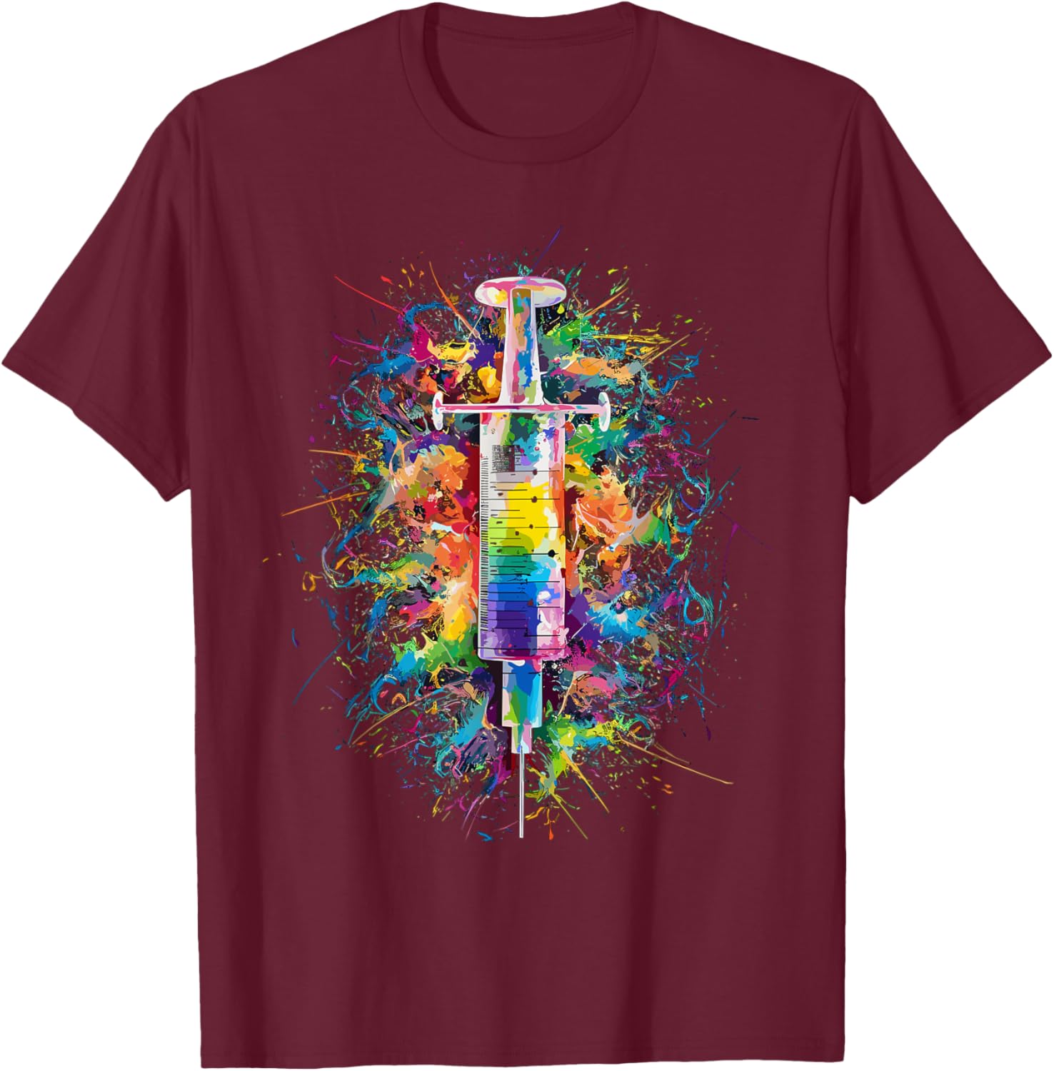 Colorful Paint Splash Syringe Art Graphic T-Shirt - T-Shirt | Maroon