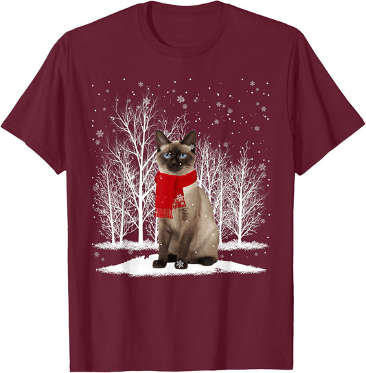 Funny Siamese Cat Wearing Ugly Christmas Sweater Scarf Xmas T-Shirt - T-Shirt | Maroon