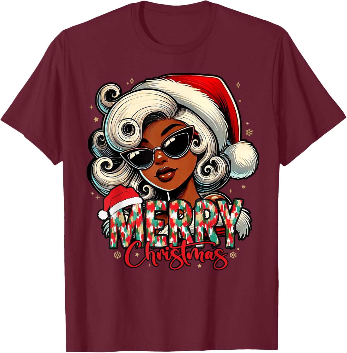 Black African Girl Melanin Christmas Santa Xmas T-Shirt - T-Shirt | Maroon