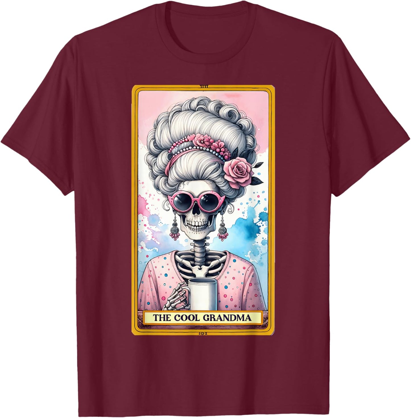 Cool Grandma Tarot Card Skeleton Skelly Messy Bun Coffee T-Shirt - T-Shirt | Maroon