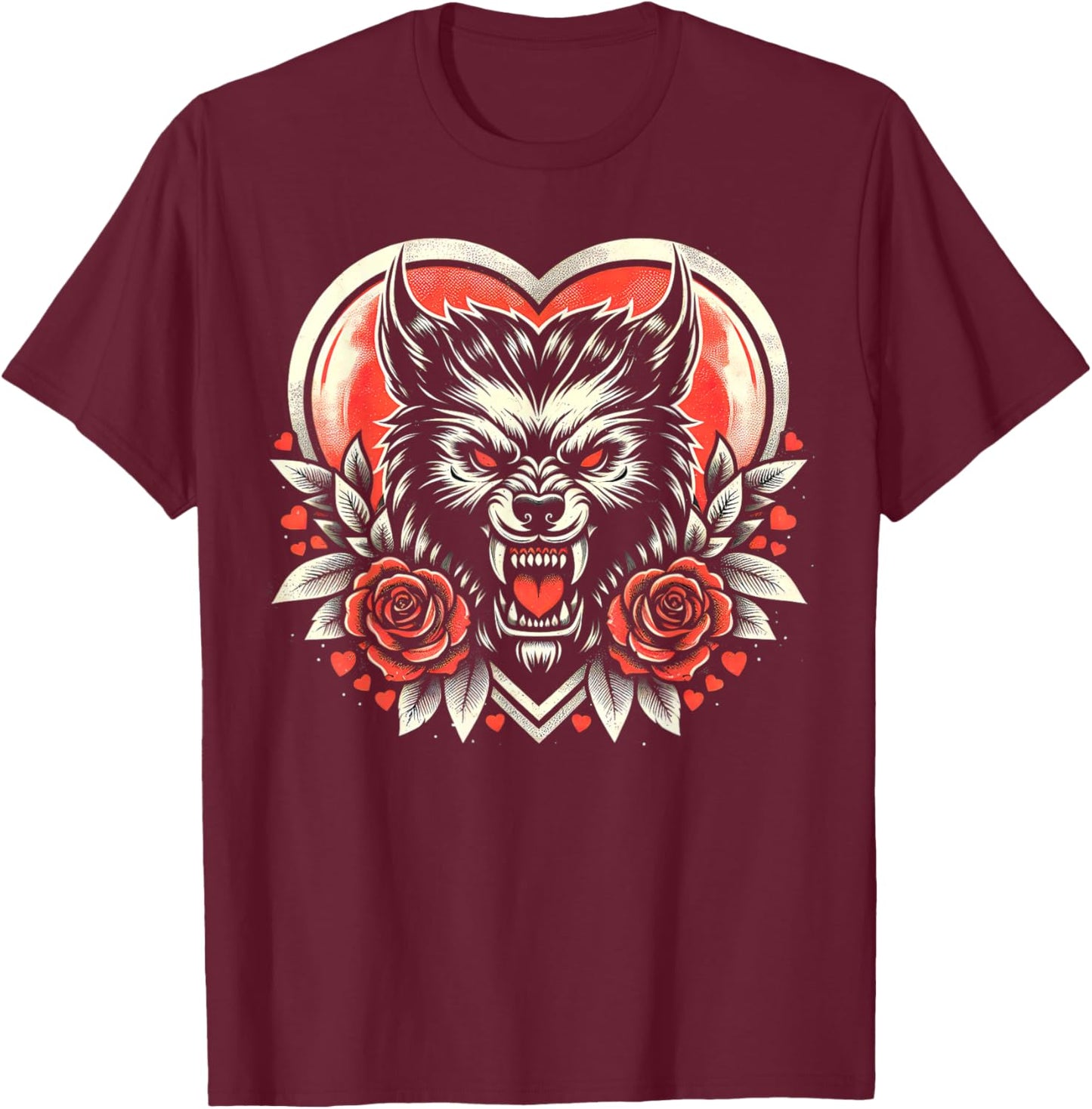 Valentine Werewolf: Lunar Love with Heart and Roses T-Shirt - T-Shirt | Maroon