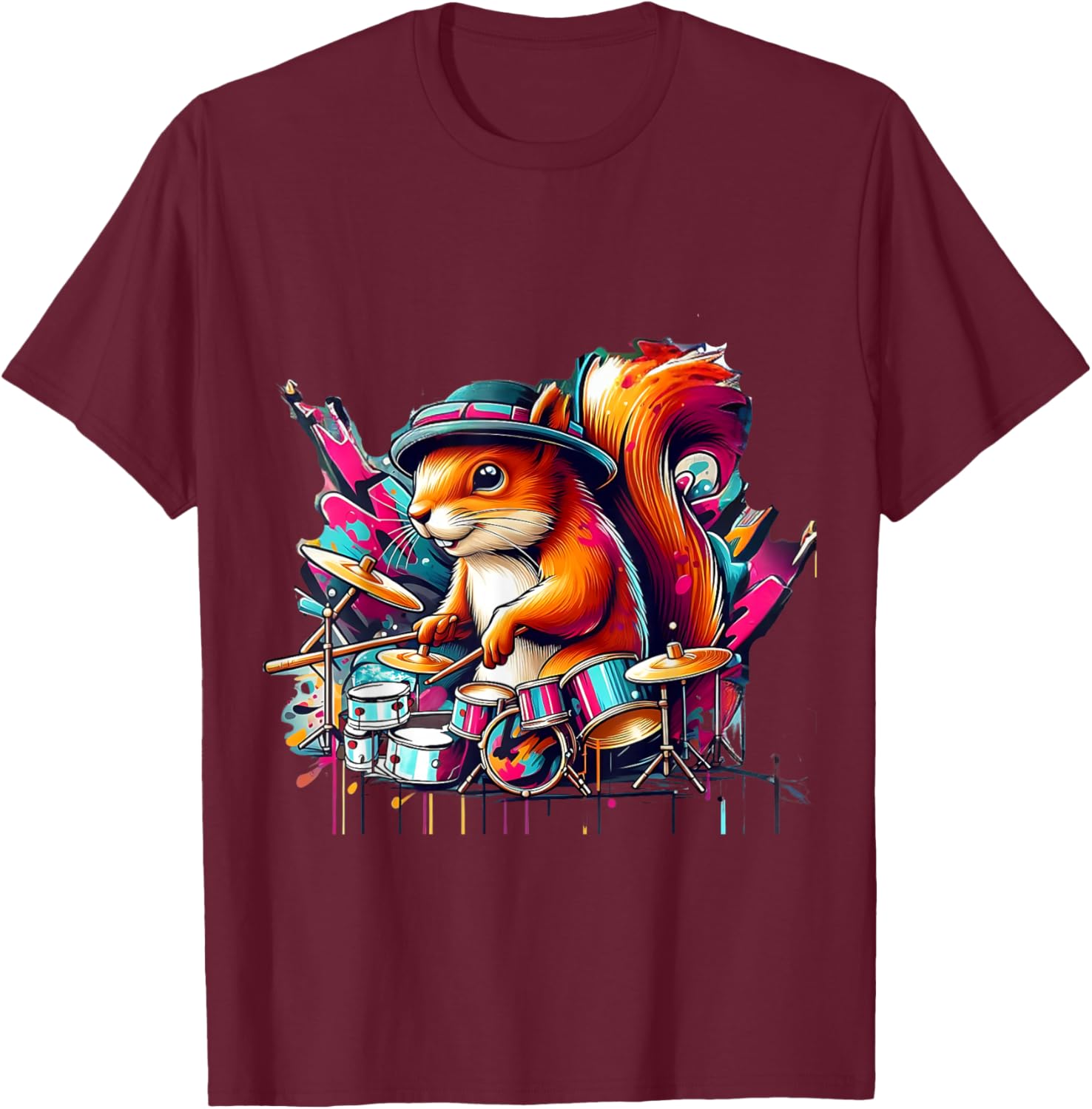 Drumming Funny Drummer Squirrel Playing Drums Squirrel Lover T-Shirt - T-Shirt | Maroon