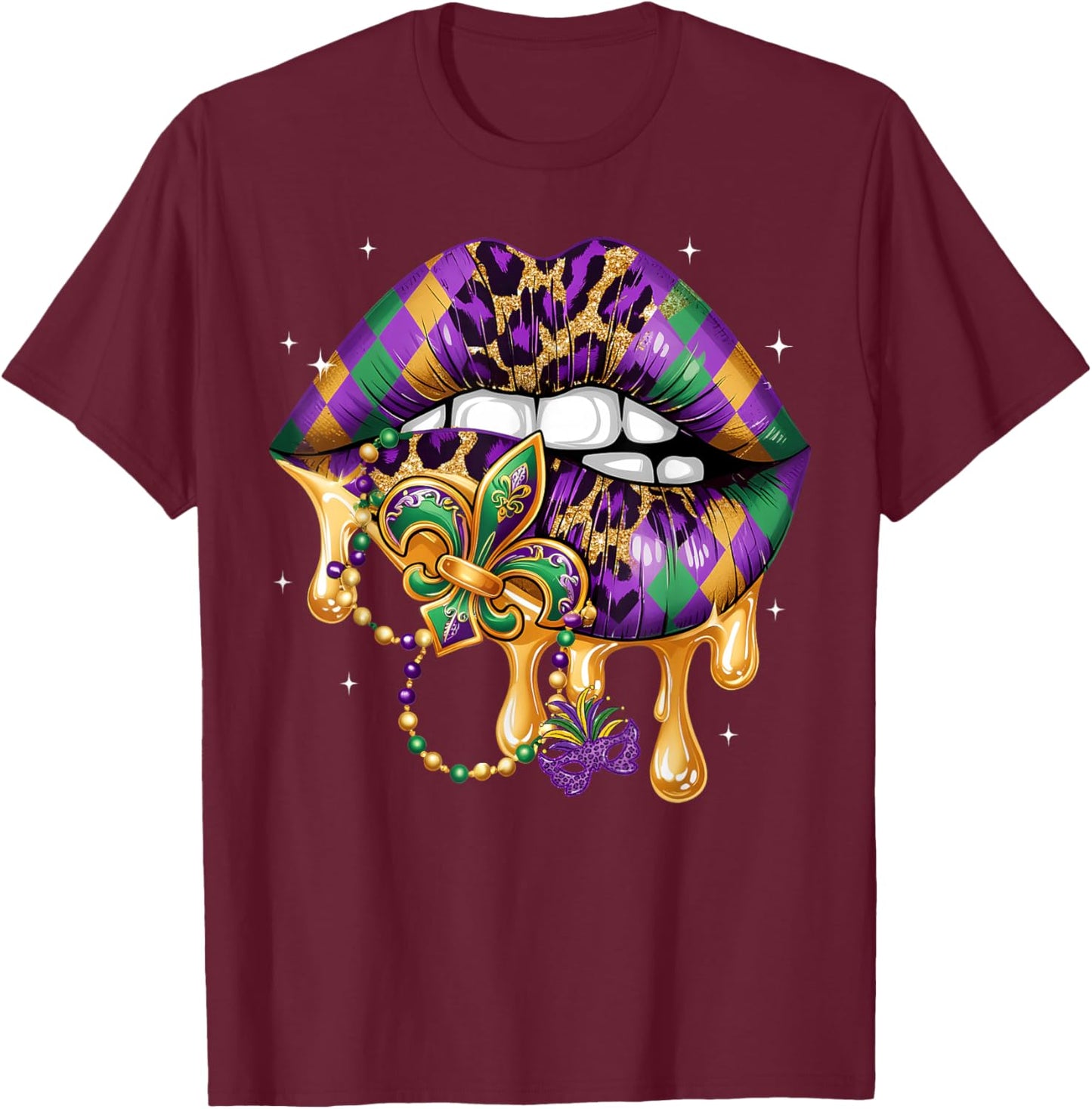 Mardi Gras Lip Women Girl Fleur De Lis Costume Funny T-Shirt - T-Shirt | Maroon