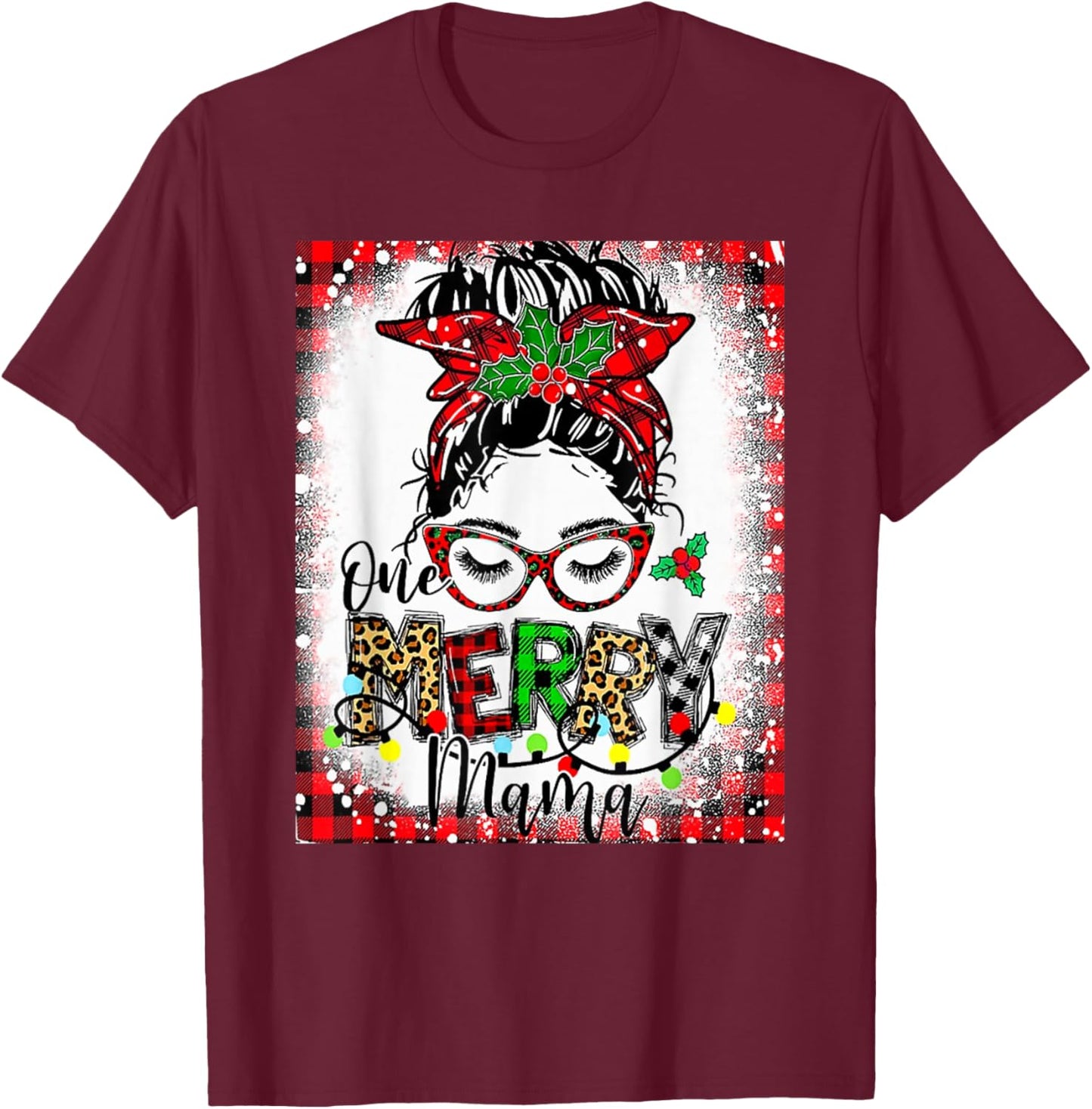Bleached One Merry Mama Messy Bun Mama Christmas T-Shirt - T-Shirt | Maroon