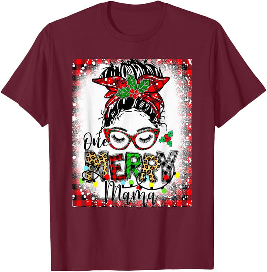 Bleached One Merry Mama Messy Bun Mama Christmas T-Shirt - T-Shirt | Maroon