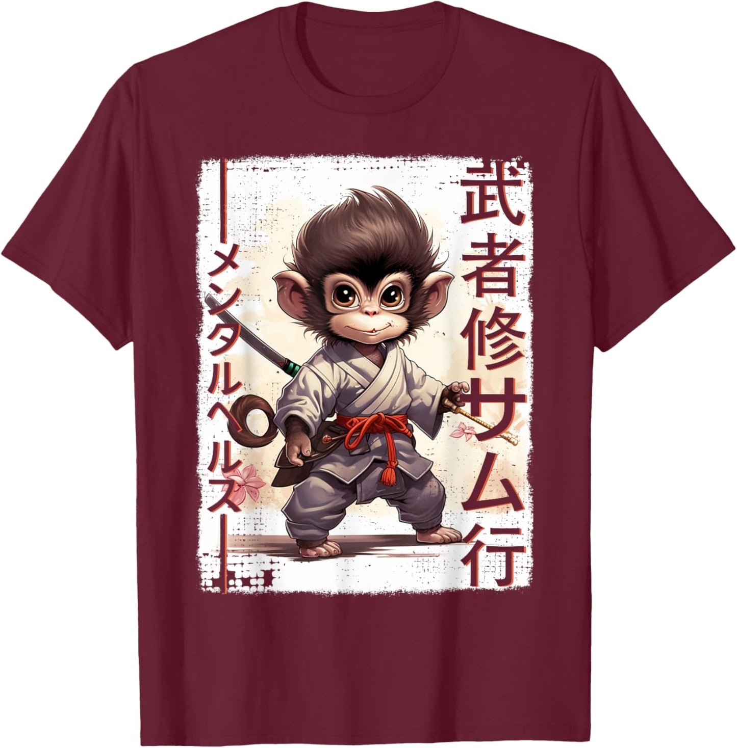 Samurai Monkey Warrior Japanese Ninja Monkey Kawaii T-Shirt - T-Shirt | Maroon