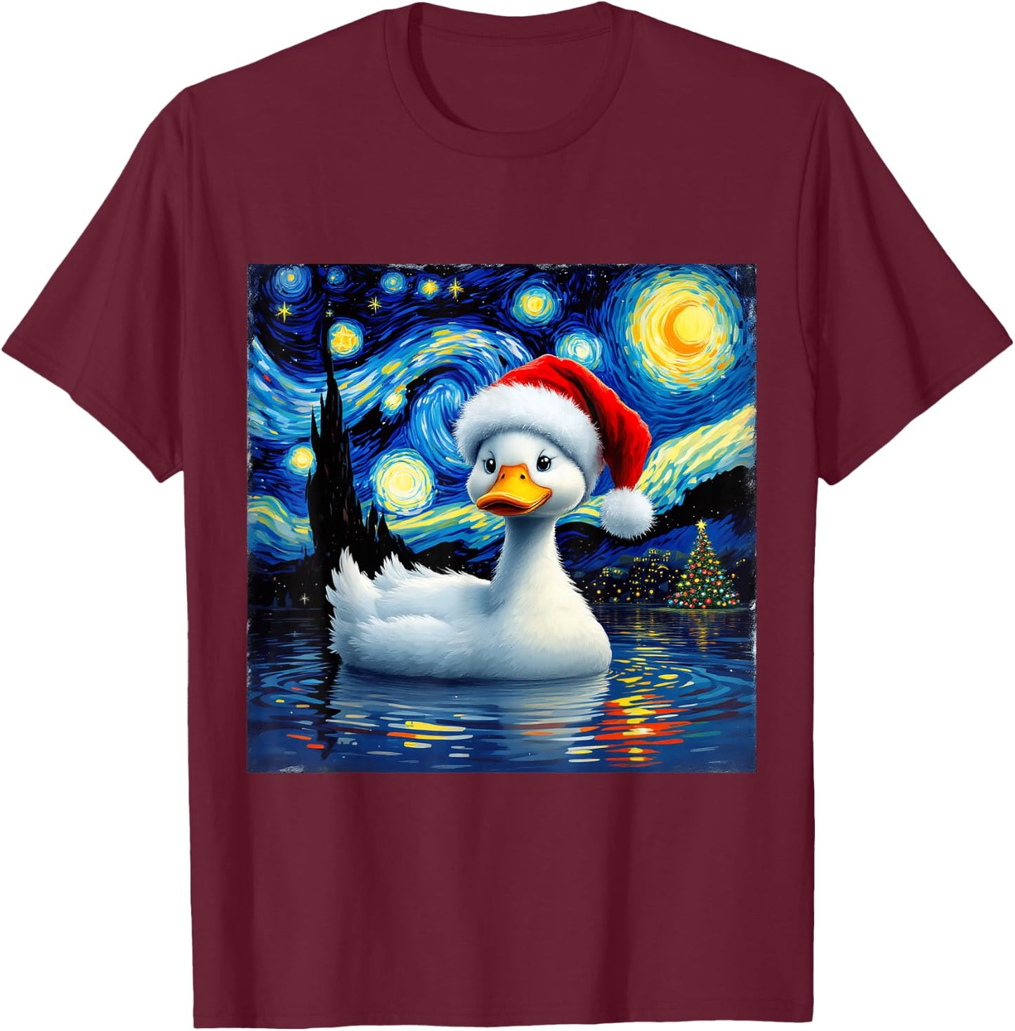 Christmas Duck Santa Hat Van Gogh Starry Night Holiday T-Shirt - T-Shirt | Maroon