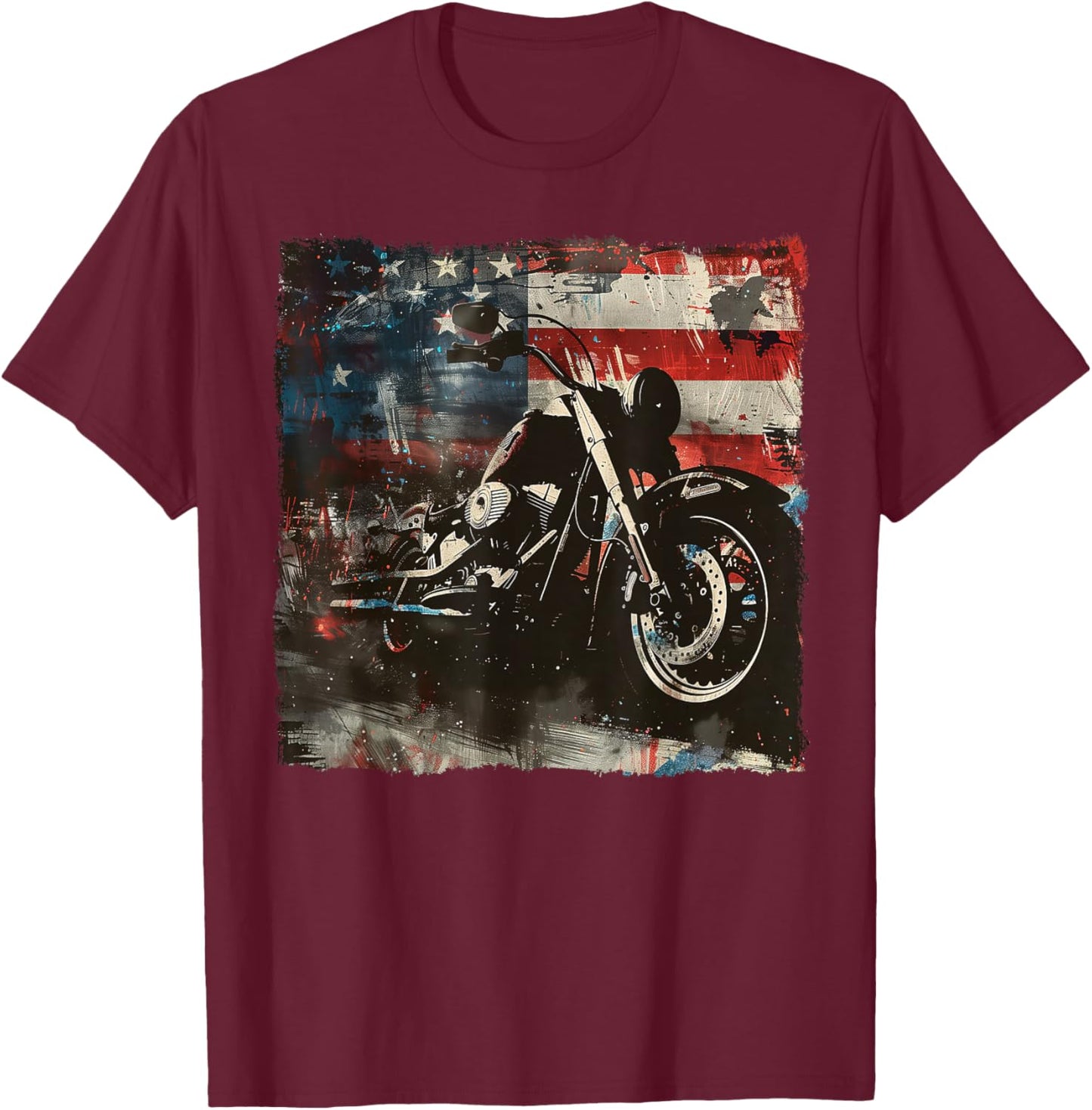 Vintage Motorcycle USA Flag Retro Biker American T-Shirt - T-Shirt | Maroon