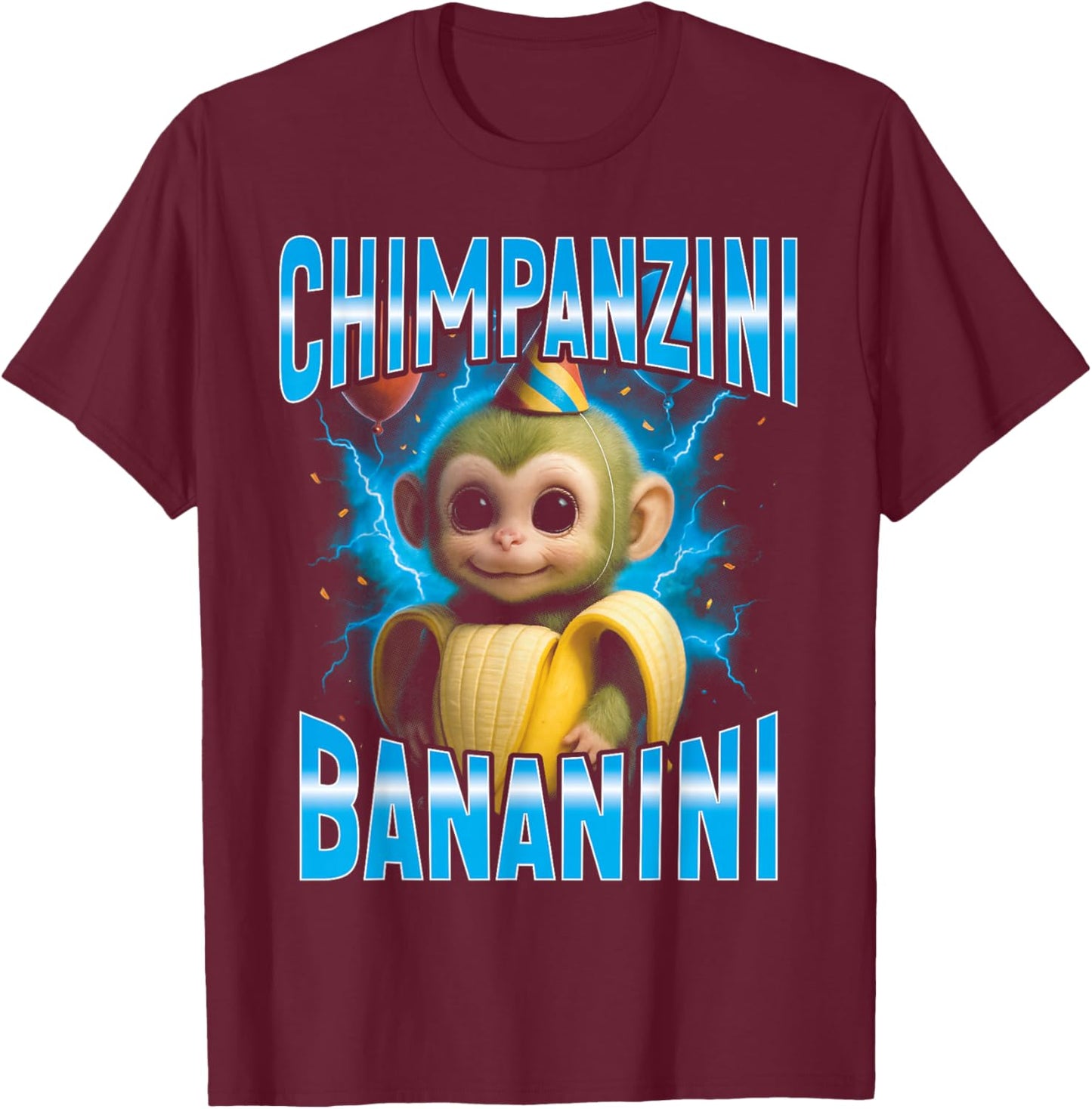 Surreal Italian Brainrot Meme Chimpanzini Bananini Birthday T-Shirt - T-Shirt | Maroon