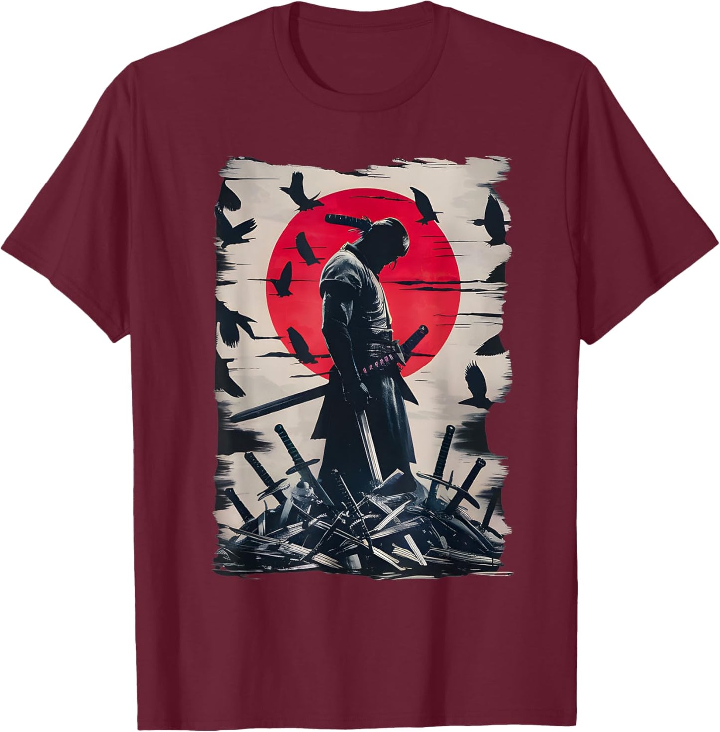 Japanese Anime Art Lone Samurai with Red Sun and Crows T-Shirt - T-Shirt | Maroon