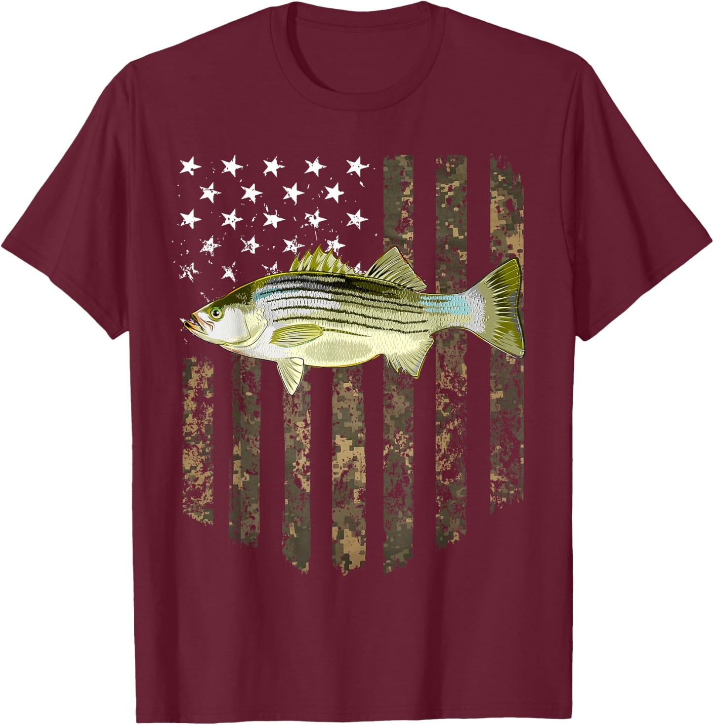 Camo American Flag Striped Bass Fishing 4th Of July T-Shirt - T-Shirt | Maroon