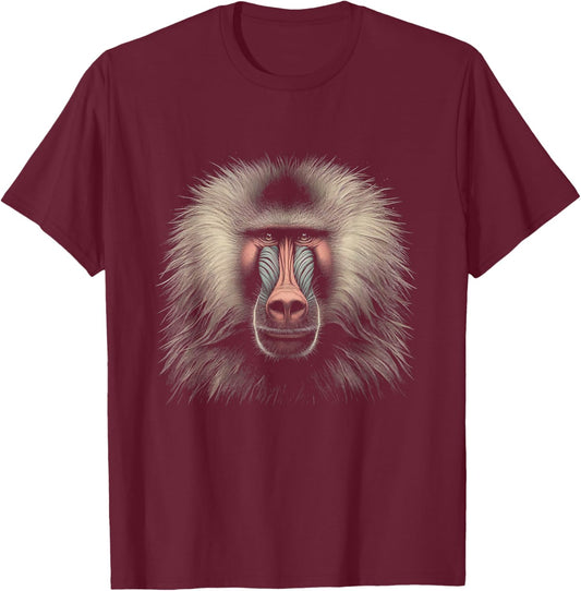 Mandrill Baboon Head Graphic Artwork Design T-Shirt - T-Shirt | Maroon