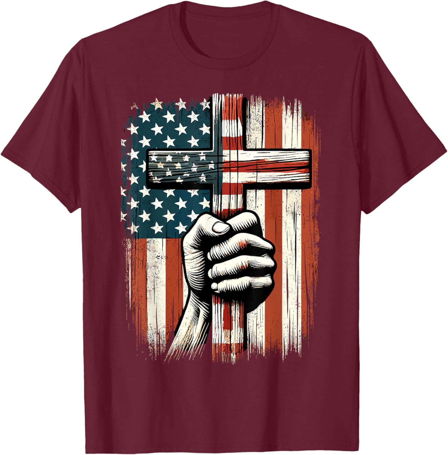 American USA Flag Christian Cross Jesus 4th of July T-Shirt - T-Shirt | Maroon