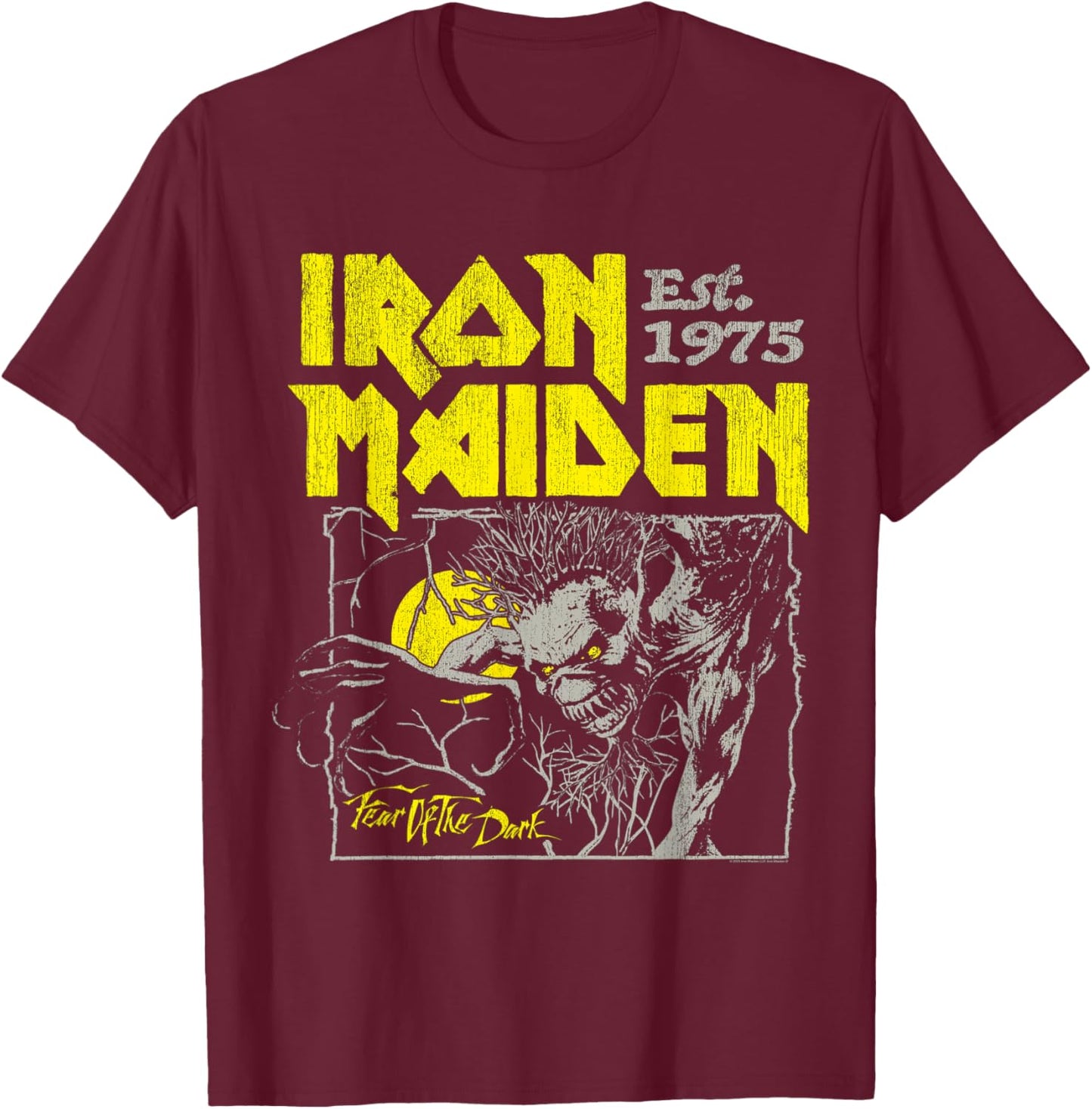 Iron Maiden Fear of The Dark Yellow Text T-Shirt - T-Shirt | Maroon