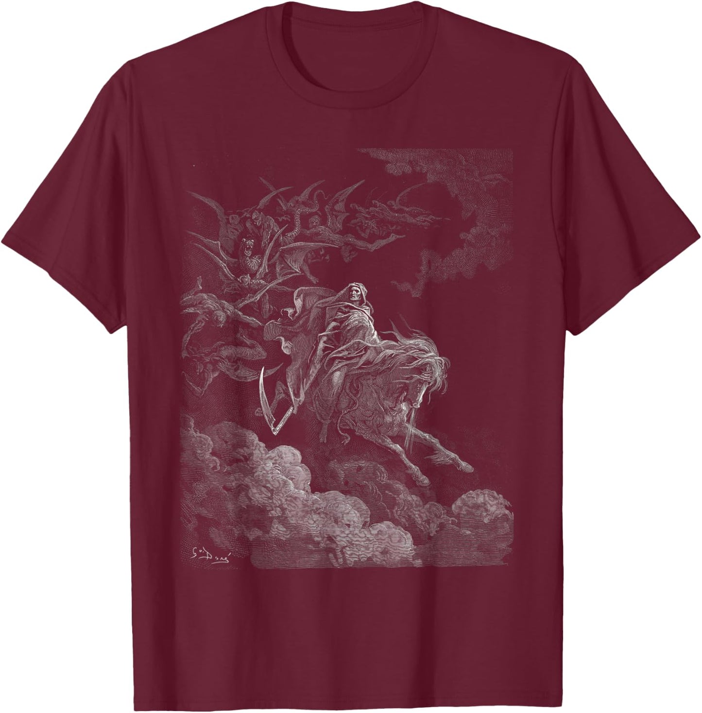 Gustave Dore Death on the Pale Horse Black Cotton 100% - Women's -Adults Classic Fit Short Sleeve Small T-Shirt - T-Shirt | Maroon